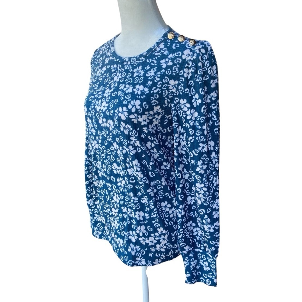 Ann Taylor LOFT Floral Blue Long Sleeve Top Size XS Stretch Gold Button Detail - Picture 5 of 12